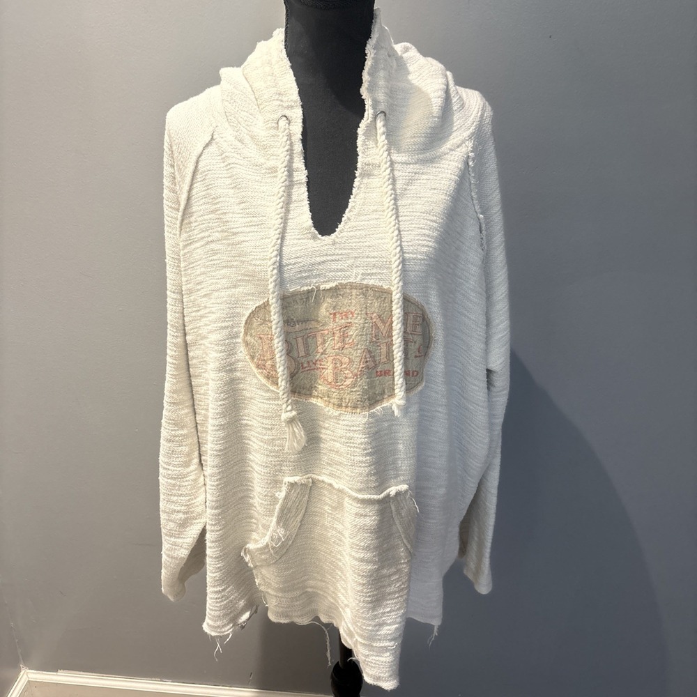 Hoodie Ivory Textured  " Bite Me Bait Stand" Graphic Beach Coastal Unisex Sz 2XL